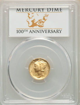 2016-W 10C Mercury Dime Gold 100th Anniversary First Strike Label SP PCGS MS70