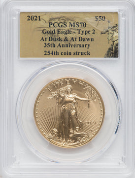2021 $50 One-Ounce Gold Eagle Type 2 At Dusk & Dawn 35th Anniversary 254th PCGS MS70