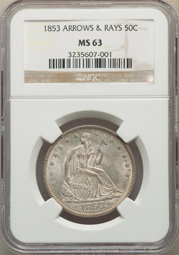1853 50C Arrow and Rays Seated Half Dollar NGC MS63