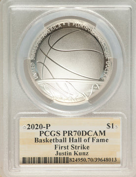 2020-P $1 Basketball Hall of Fame First Strike NMBHOF Coin Designer Justin Kunz Modern Commemoratives PCGS MS70