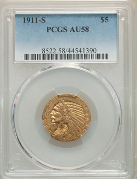 1911-S $5 Indian Half Eagle PCGS AU58