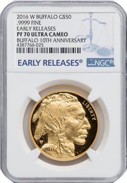 2016-W $50 One-Ounce Gold Buffalo Tenth Anniversary First Strike NGC PF70