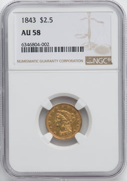1843 $2.50 Liberty Quarter Eagle NGC AU58