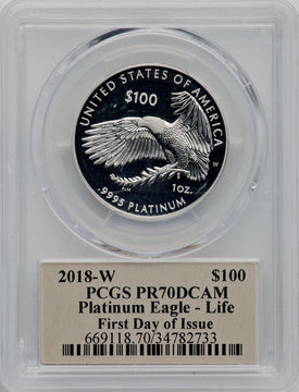 2018-W $100 One Ounce Platinum Eagle Life First Day of Issue Art Deco PCGS PR70