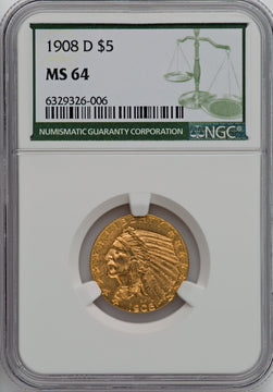 1908-D $5 Green Label Indian Half Eagle NGC MS64