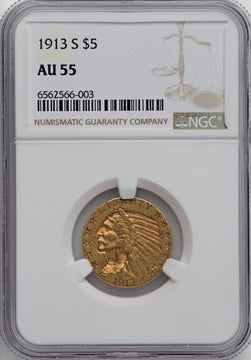 1913-S $5 Indian Half Eagle NGC AU55