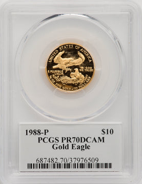 1988-P $10 Quarter-Ounce Gold Eagle Mercanti Flag Signature PCGS PR70