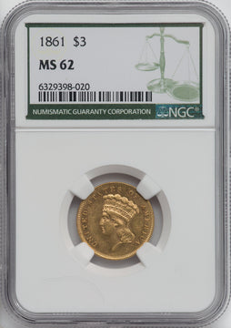 1861 $3 Three Dollar Gold Pieces NGC MS62