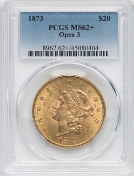 1873 $20 OPEN 3 Liberty Double Eagle PCGS MS62+