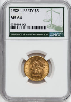 1908 $5 Liberty Liberty Half Eagle NGC MS64