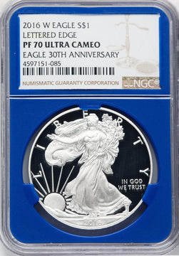 2016-W S$1 Silver Eagle Lettered Edge 30th Anniversary NGC PF70