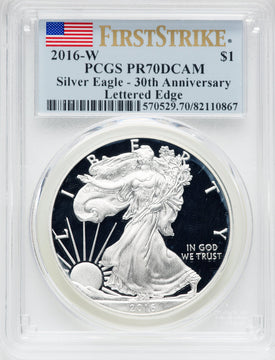 2016-W S$1 Silver Eagle Lettered Edge 30th Anniversary First Strike PCGS PR70