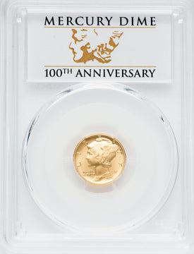 2016-W 10C Mercury Dime Gold 100th Anniversary First Strike Label SP PCGS MS70