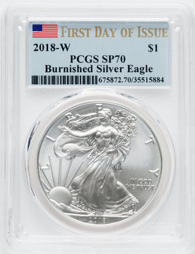 2018-W S$1 Silver Eagle Burnished First Day of Issue SP PCGS MS70