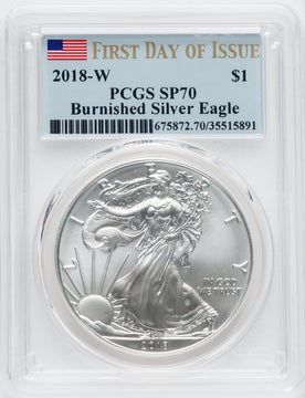 2018-W S$1 Silver Eagle Burnished First Day of Issue SP PCGS MS70
