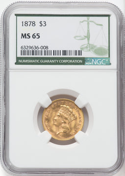 1878 $3 Green Label Three Dollar Gold Pieces NGC MS65