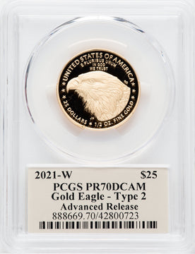 2021-W G$25 Half Ounce Gold Eagle Type Two Advanced Release Cleveland Art Deco PCGS PR70