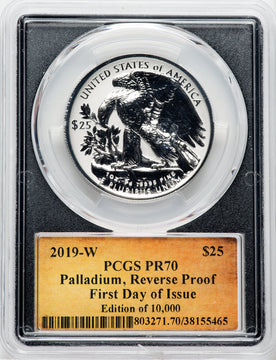 2019-W $25 Palladium Reverse Proof First Day of Issue Thomas Cleveland Scroll PCGS PR70
