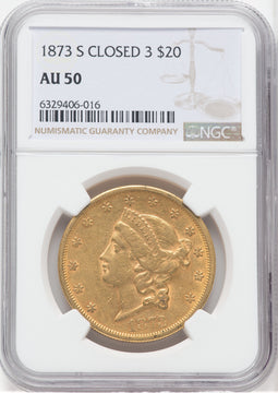 1873-S $20 Closed 3 Liberty Double Eagle NGC AU50