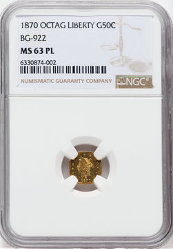 1870 50C BG-922 PL California Fractional Gold NGC MS63