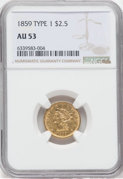 1859 $2.50 Old Rev. Liberty Quarter Eagle NGC AU53