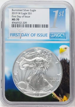 2019-W S$1 Silver Eagle Burnished First Day of Issue SP NGC MS70