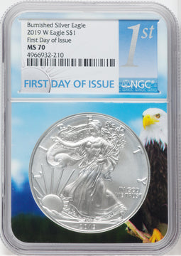 2019-W S$1 Silver Eagle Burnished First Day of Issue SP NGC MS70