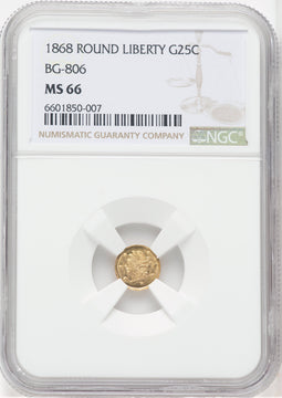 1868 Liberty Round 25 Cents BG-806 R.3 California Fractional Gold NGC MS66