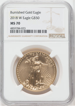 2018-W G$50 One Ounce Burnished Gold Eagle SP NGC MS70