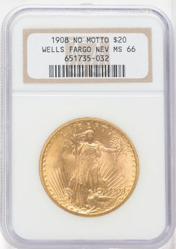 1908 NM $20 Wells Fargo Saint-Gaudens Double Eagle NGC MS66