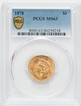 1878 $3 Three Dollar Gold Pieces PCGS MS63