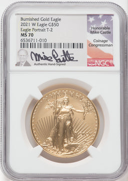 2021-W One-Ounce Gold Eagle T-2 Burnished NGC MS70 Mike Castle