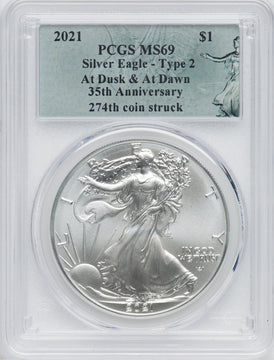 2021 American Silver Eagle Type 2 At Dusk & Dawn 35th Anniversary 274th PCGS MS69