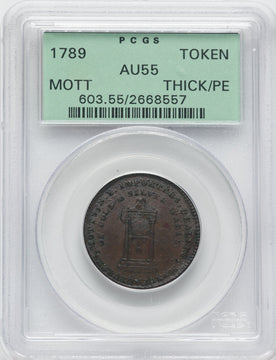 1789 Mott Token Thick Planchet Plain Edge BN Colonials PCGS AU55