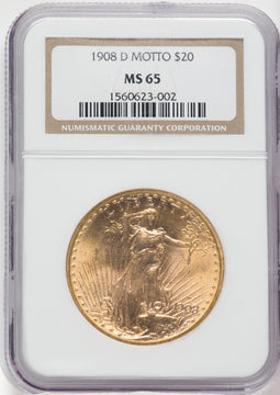 1908-D $20 MOTTO Saint-Gaudens Double Eagle NGC MS65