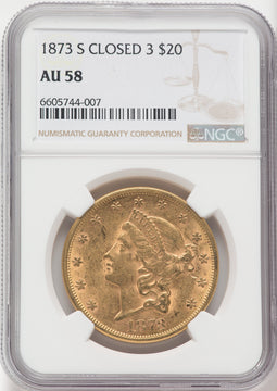 1873-S $20 Closed 3 Liberty Double Eagle NGC AU58
