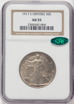 1917-S 50C OBVERSE CAC Walking Liberty Half Dollar NGC AU55