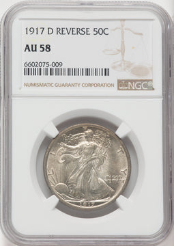 1917-D 50C REVERSE Walking Liberty Half Dollar NGC AU58