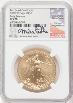 2019-W $50 One Ounce Gold Eagle Burnished First Strike Mike Castle NGC MS70