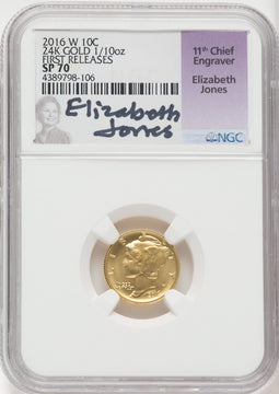 2016-W 10C Mercury Dime Gold 100th Anniversary First Strike NGC MS70