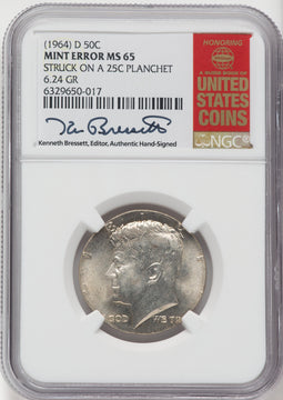 1964-D 50C Kennedy Half Dollar Mint Error NGC MS65 Kenneth Bressett