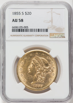 1855-S $20 Liberty Double Eagle NGC AU58