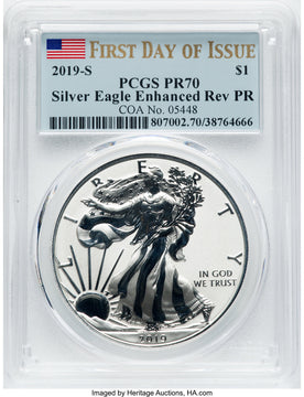 2019-S S$1 Silver Eagle Enhanced Reverse Proof First Day of Issue PCGS PR70