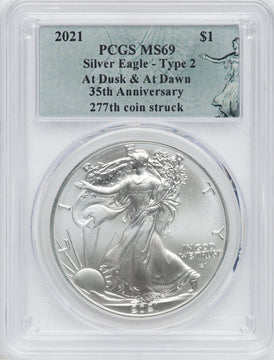 2021 American Silver Eagle Type 2 At Dusk & Dawn 35th Anniversary 277th PCGS MS69