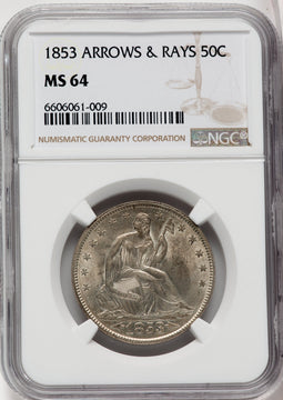 1853 50C Arrow and Rays Seated Half Dollar NGC MS64