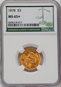 1878 $3 Green Label Three Dollar Gold Pieces NGC MS65+