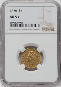 1878 $3 Three Dollar Gold Pieces NGC AU53