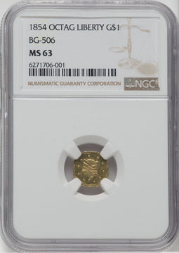 1854 Liberty Octagonal 1 Dollar BG-506 R.7 California Fractional Gold NGC MS63