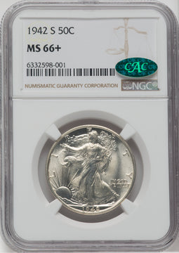 1942-S 50C CAC NGC Plus Walking Liberty Half Dollar NGC MS66+