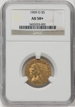 1909-O $5 NGC Plus Indian Half Eagle NGC AU58+